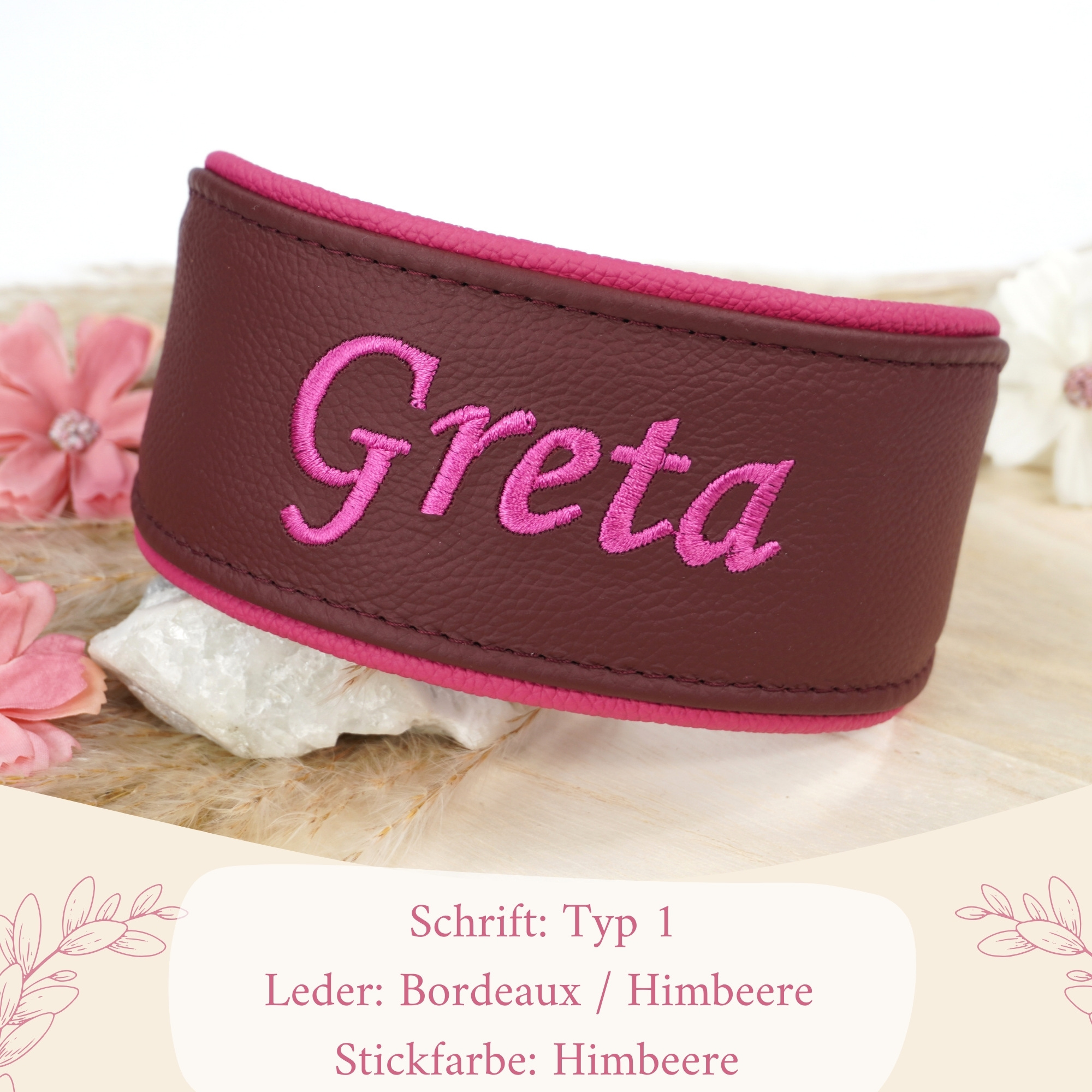Besticktes Namenshalsband Bordeaux / Himbeere