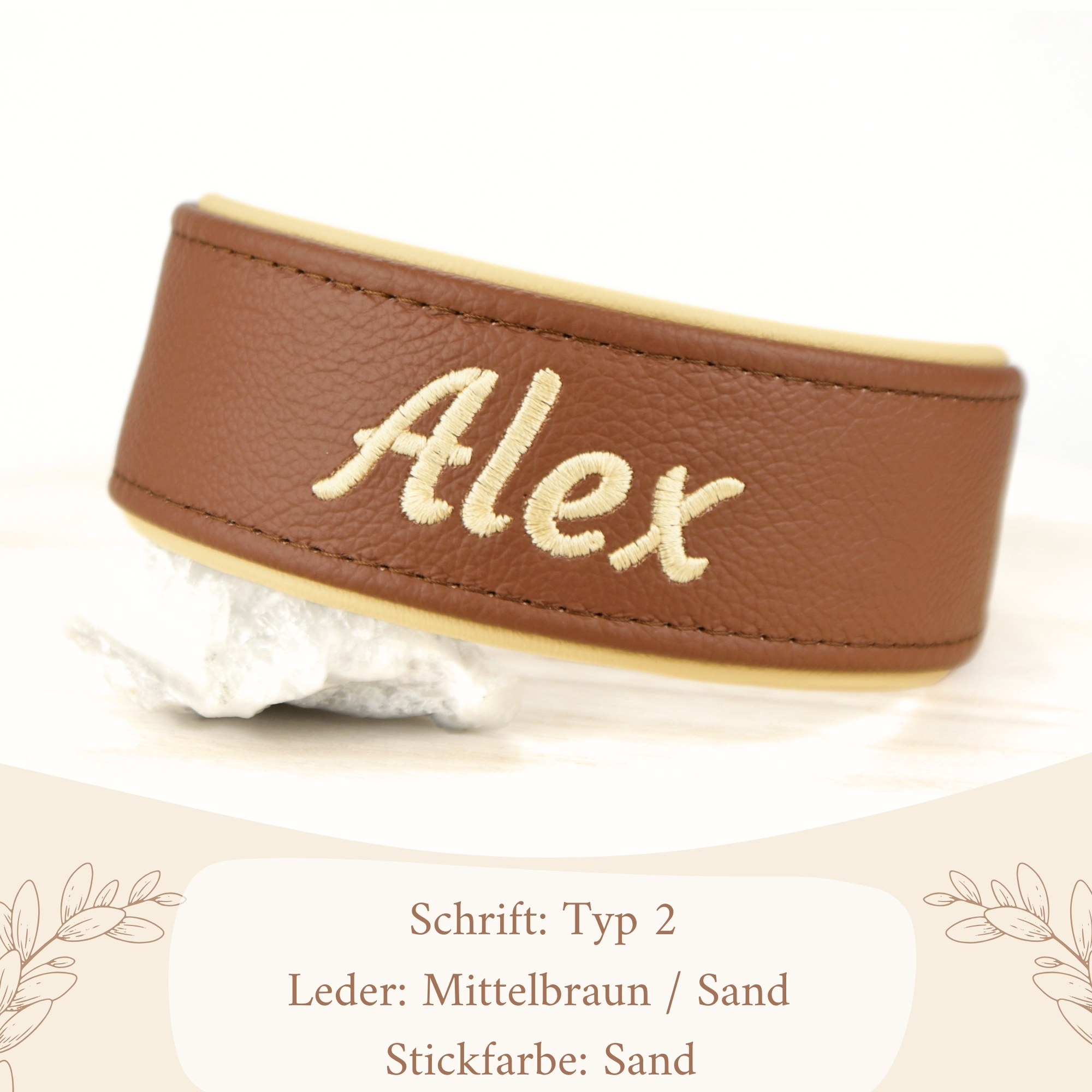 Besticktes Namenshalsband Mittelbraun / Sand
