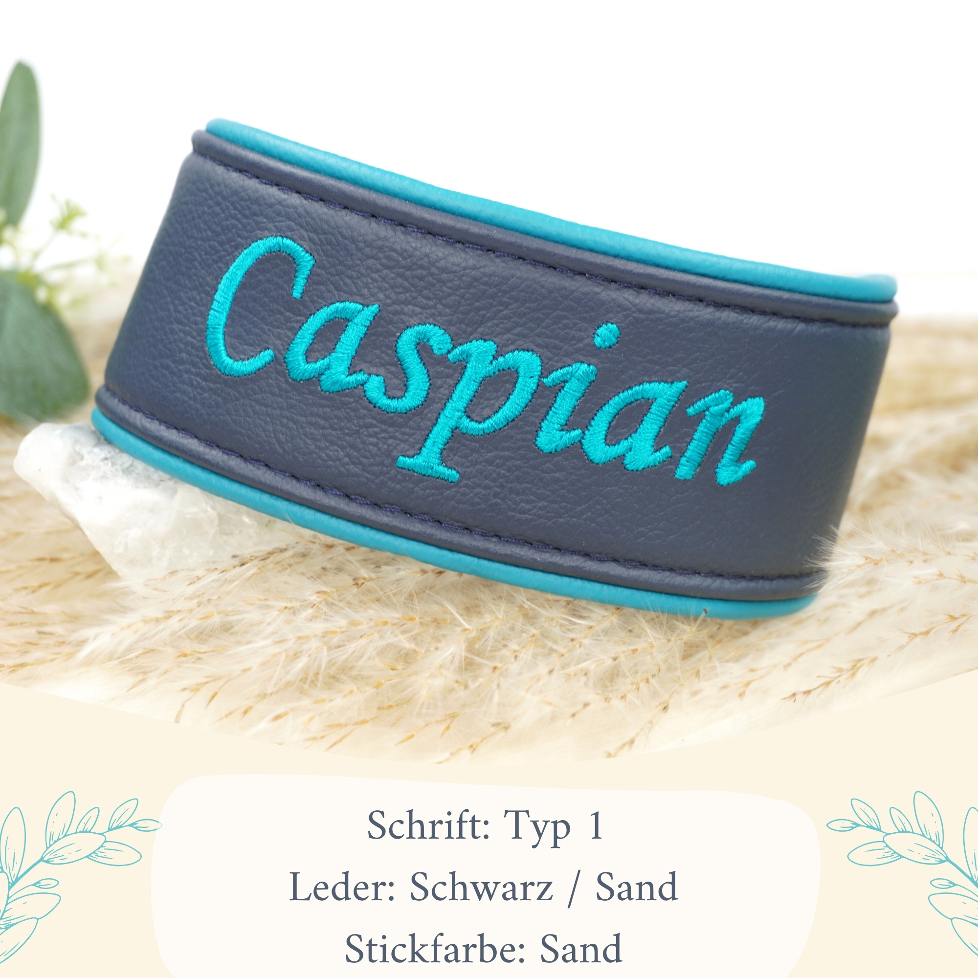 Besticktes Namenshalsband Dunkelblau / Dunkeltürkis