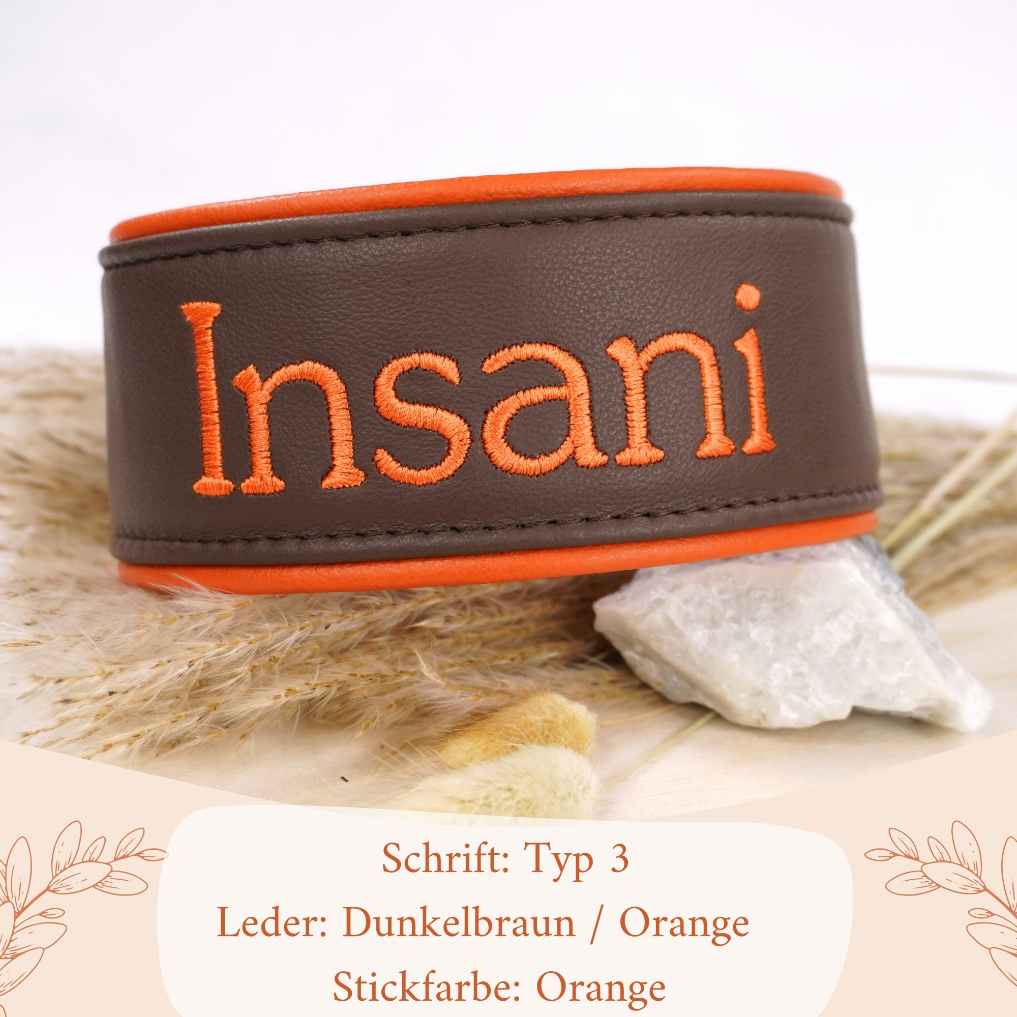 Besticktes Namenshalsband Dunkelbraun / Orange