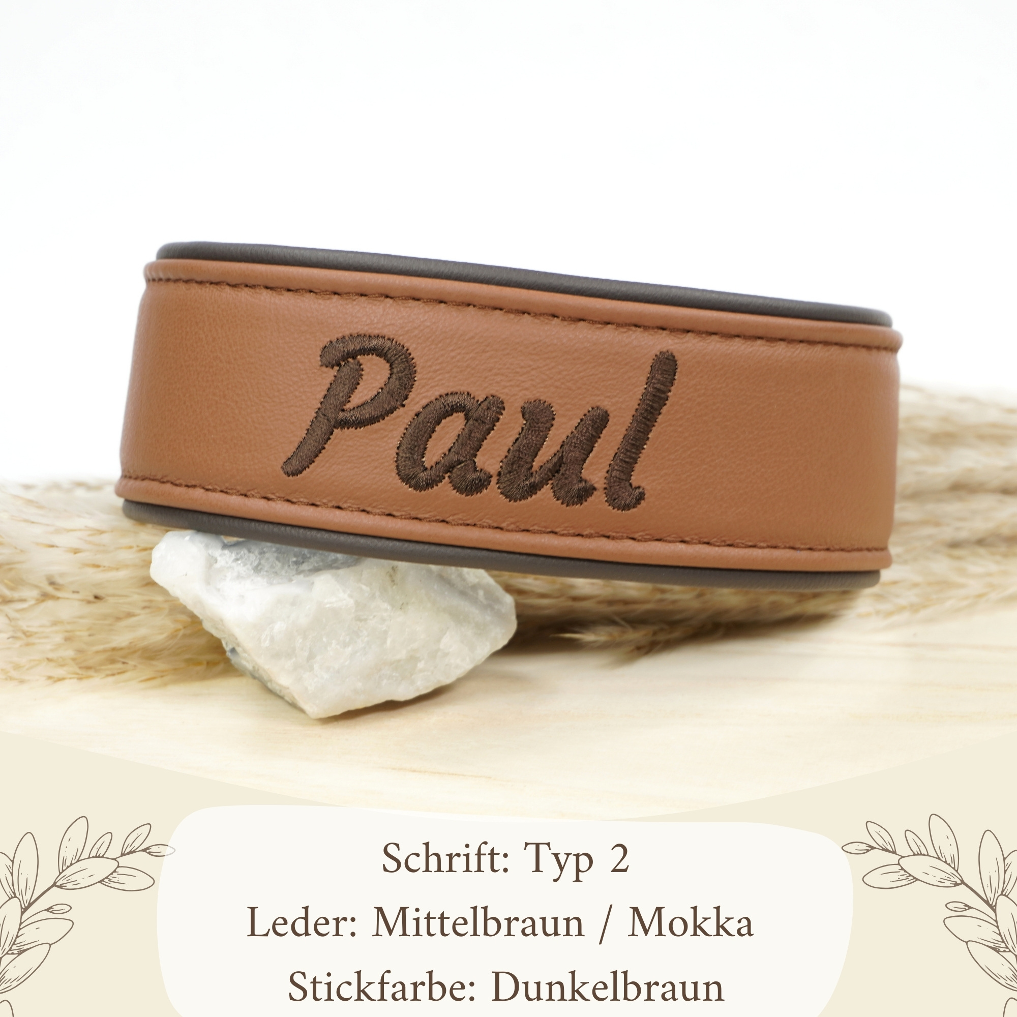 Besticktes Namenshalsband Mittelbraun / Mokka