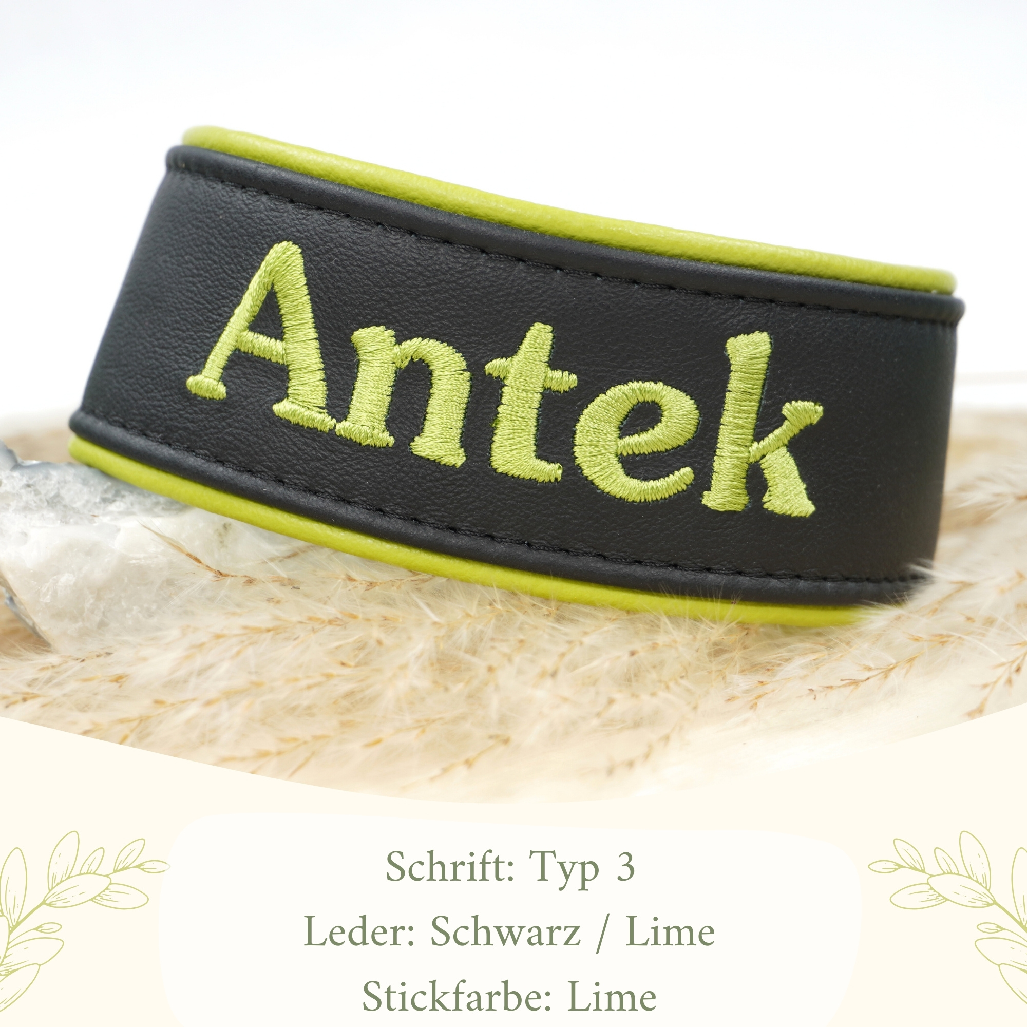 Besticktes Namenshalsband Schwarz / Limette