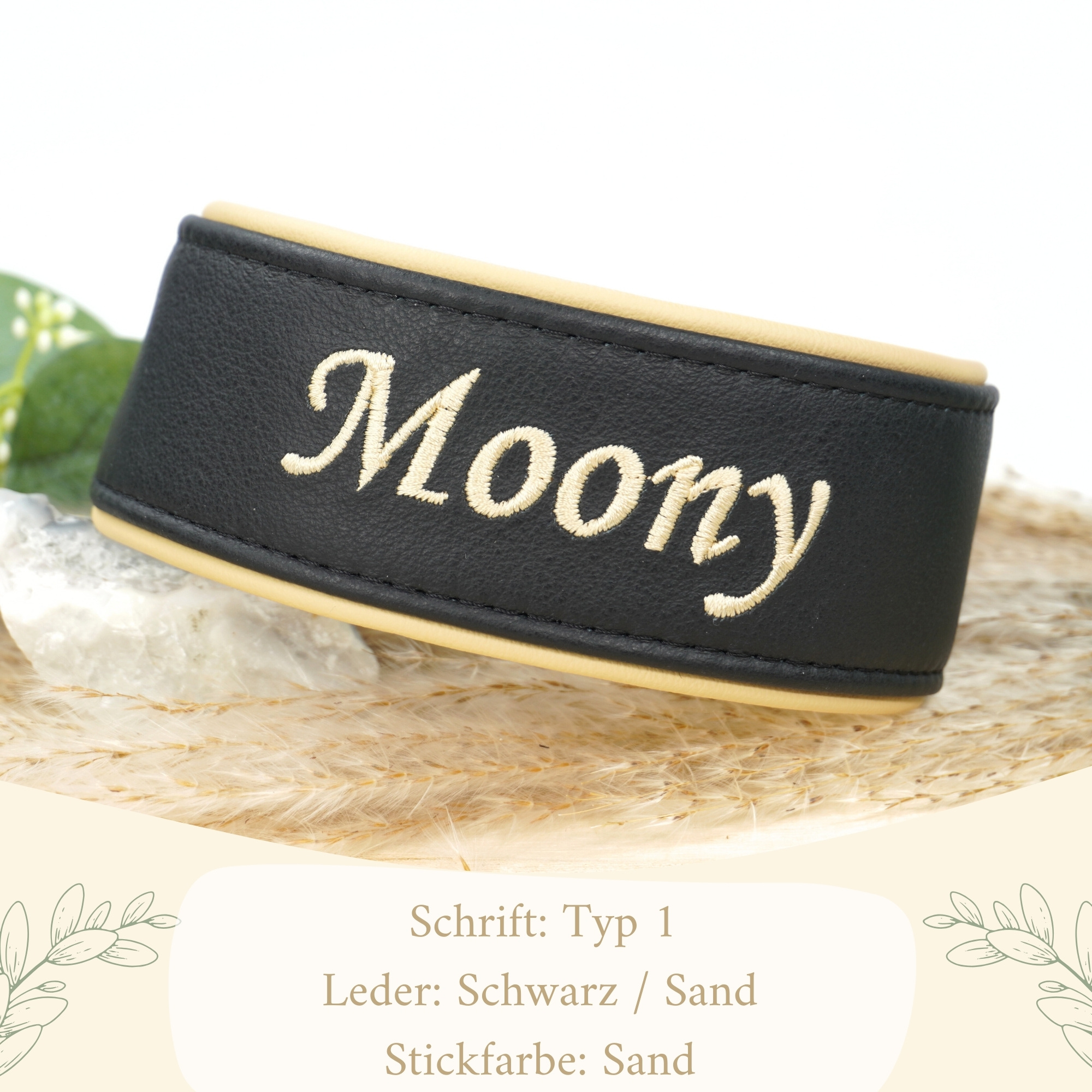 Besticktes Namenshalsband Schwarz / Sand