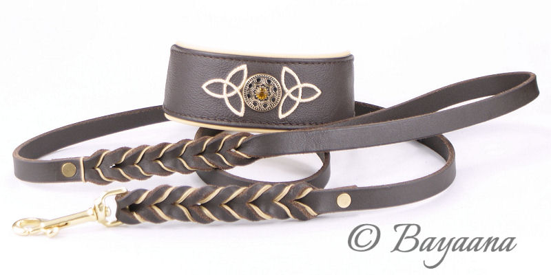 Halsband Freya Gold mit Fettlederleine in Dunkelbraun mit Einflechtung in Sand und Messingbeschlägen