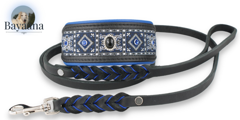 Halsband Noblesse Petit mit Fettlederleine in Schwarz mit Einflechtung in Blau und silberfarbenen Beschlägen