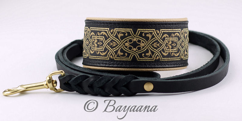 Halsband Golden Elegance mit Fettleder-Leine in Schwarz und Messingbeschlägen