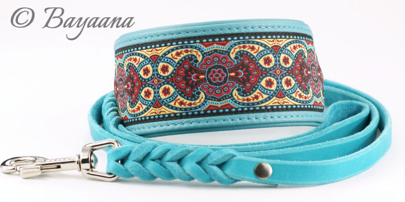 Windhundhalsband Renaissance Türkis mit Fettlederleine in Türkis und silberfarbenen Beschlägen